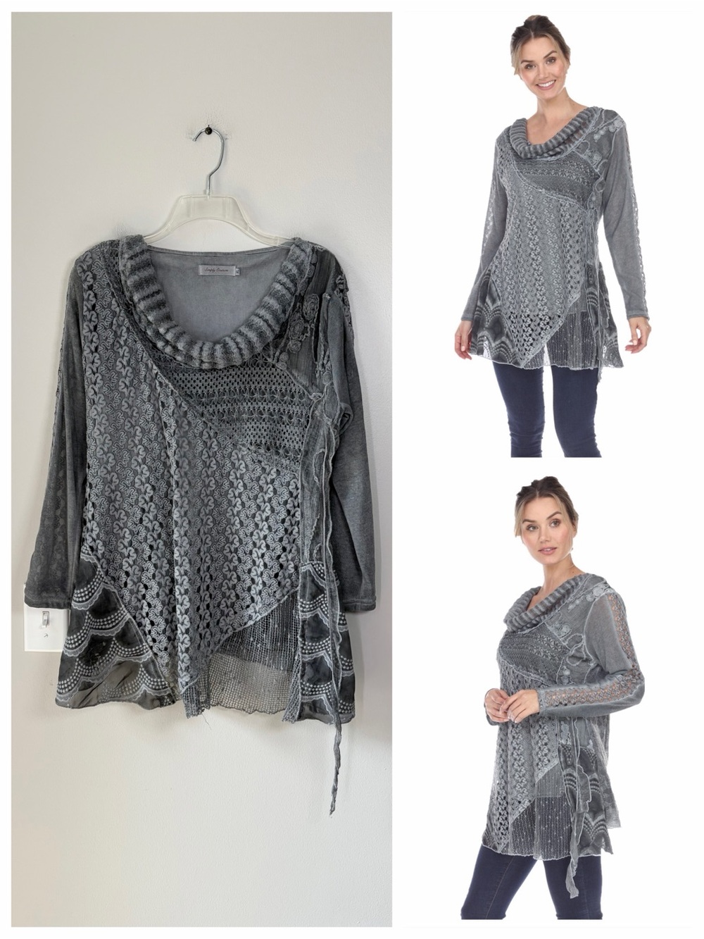 Simply Couture Gray Asymmetrical Mixed Media Layered Artsy Cowl Neck Tunic Top